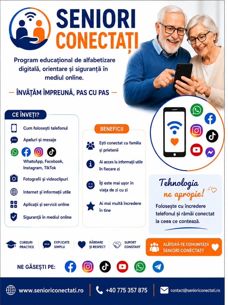 Afișul programului Seniori Conectați dedicat folosirii telefonului